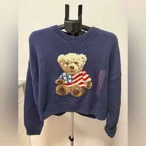 Grayson Threads Navy Sweater with Teddy Bear and American Flag Motif